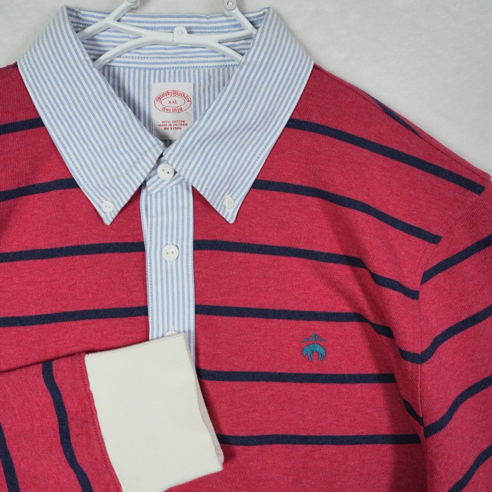 Brooks Brothers Mens XXL Rugby Shirt Red Navy Striped Contrast Collar‎ Cotton